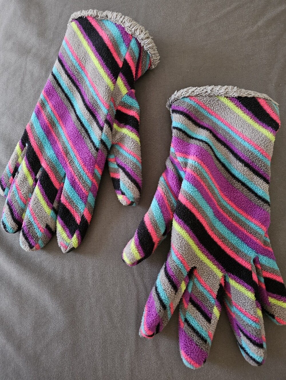 C9 Champion Fleece Gloves Striped Pink Teal Gray Faux Fur Trim Palm Grip Euc
